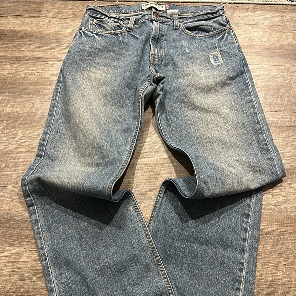 Levis R tab patched distressed Low Boot Cut 527 jeans size 33x32” - Picture 12 of 12